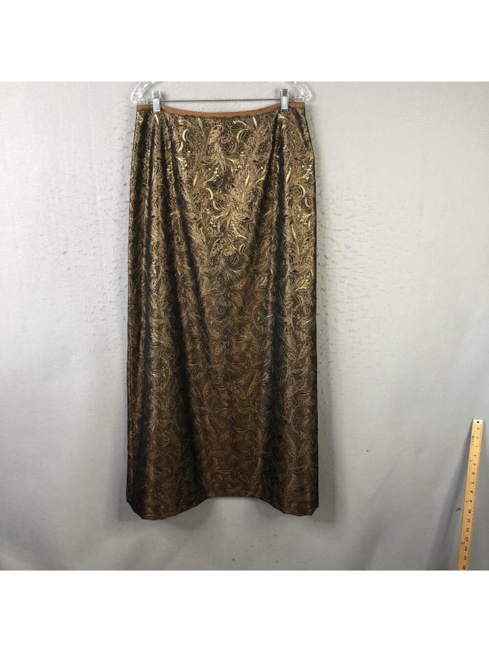 JS Collections Skirt Womens 12 Brown Metallic Paisley Satin Maxi Formal Evening